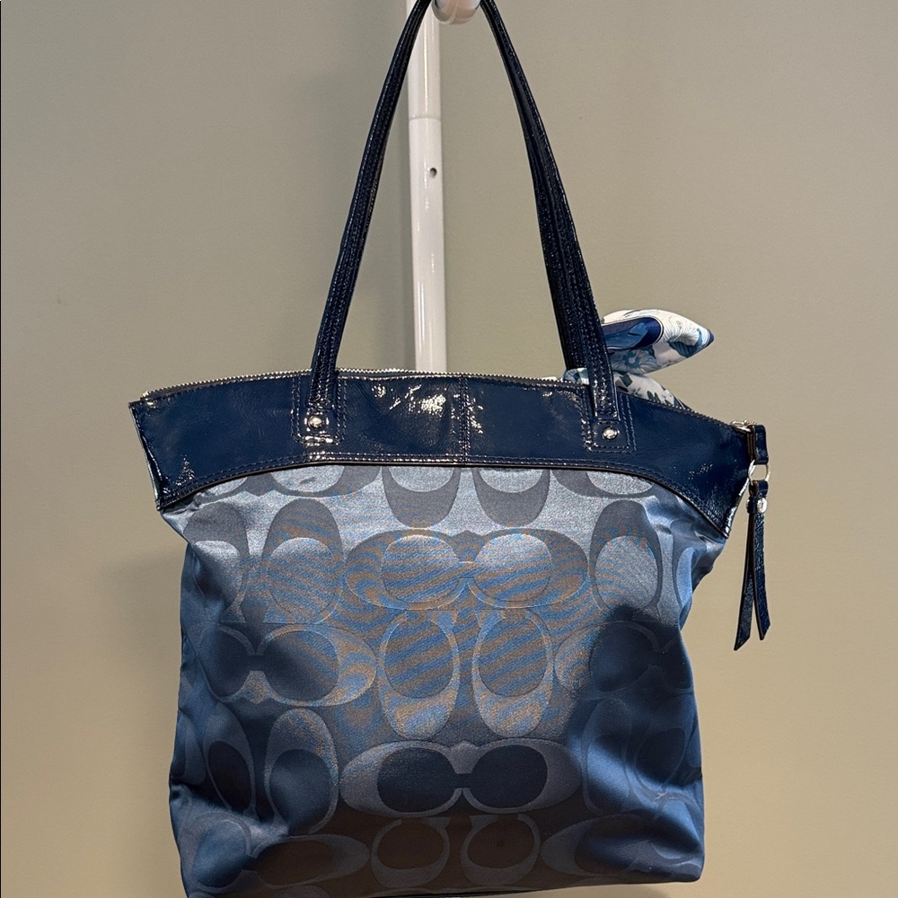 Coach Navy Blue Laura Signature Nylon Tote with Floral Scarf and Dust Bag EUC - Picture 3 of 7